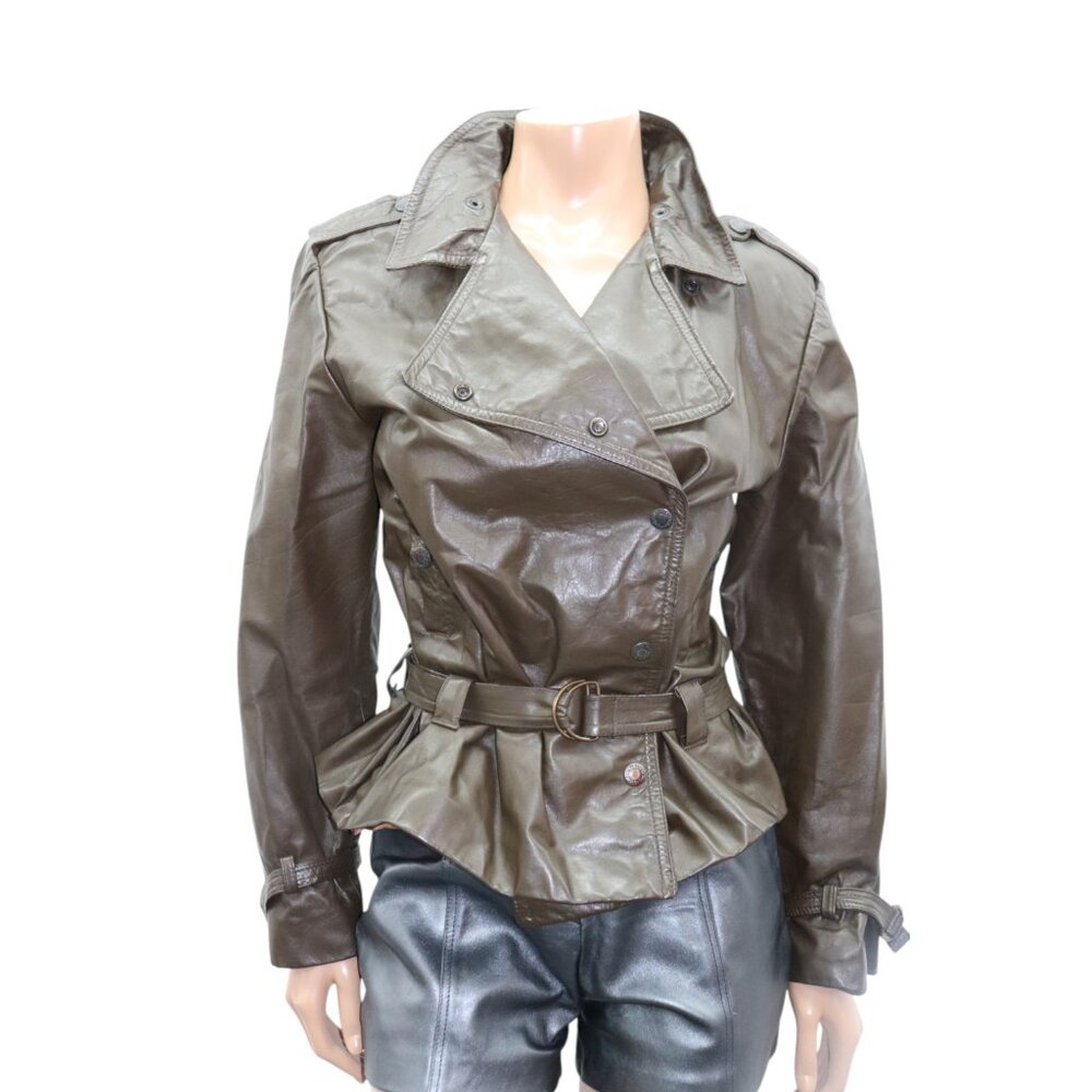 VINTAGE BAGATELLE Dark Olive Green Belted Leather Jacket Mini Trench Coat S-M